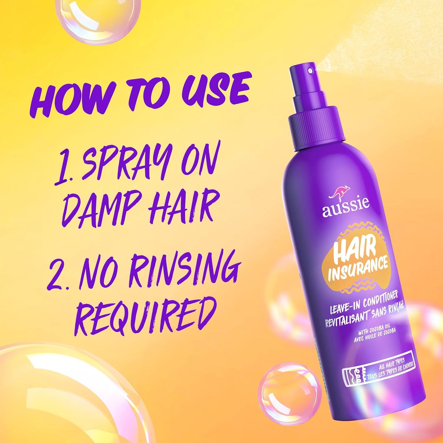 Aussie Hair Insurance Leave-In Conditioner Spray: Moisturizing Frizz Control & Detangler with Jojoba Oil (8 Fl Oz Each, 3-Pack)