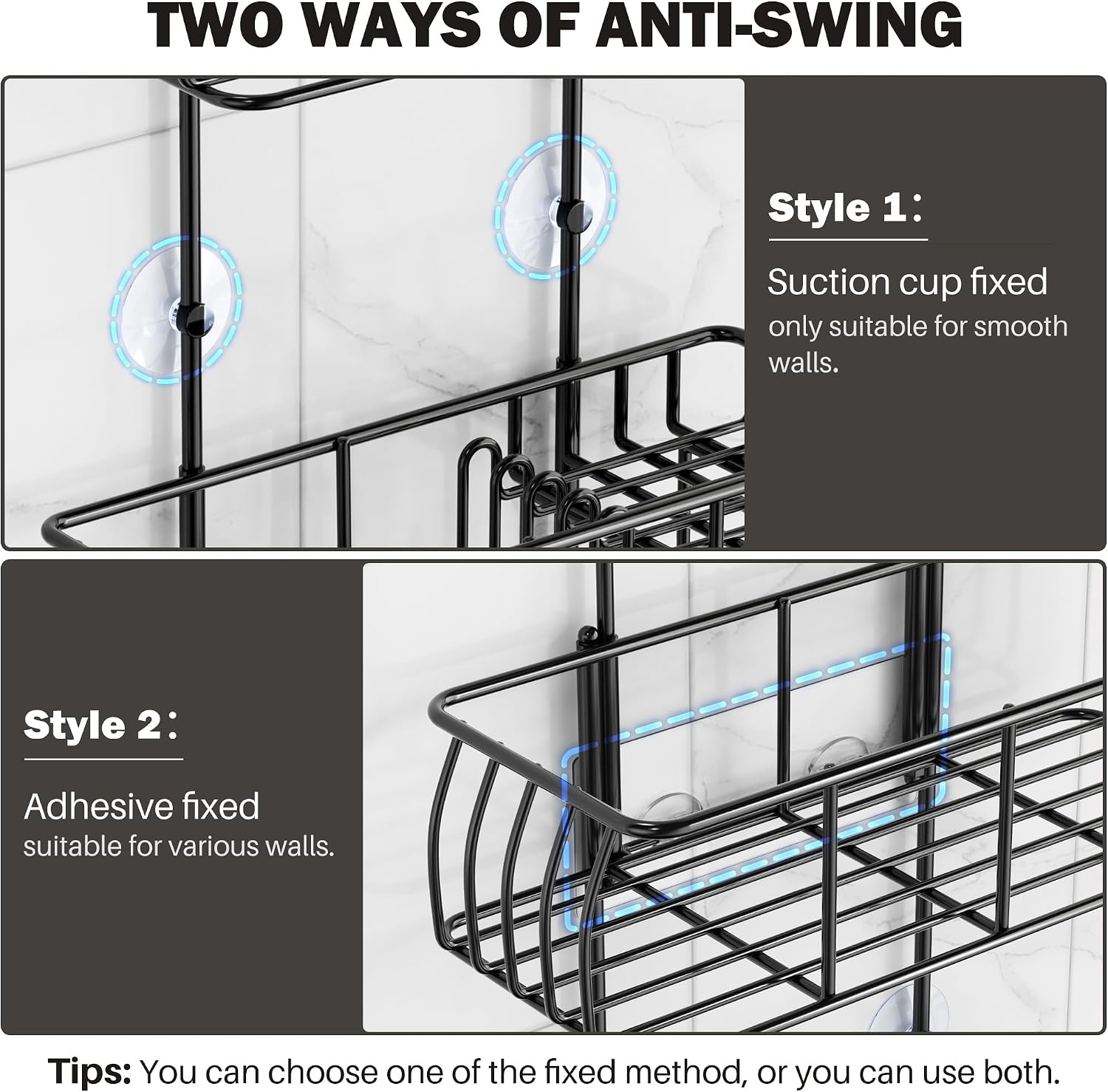 Epicano Shower Caddy Hanging Over Head, Matte Black,Stainless Steel | Rustproof,4 Hooks for Towels,Sponge and & Bathroom Accessories,Anti-Swing Suction Cups & Adhesive hooks