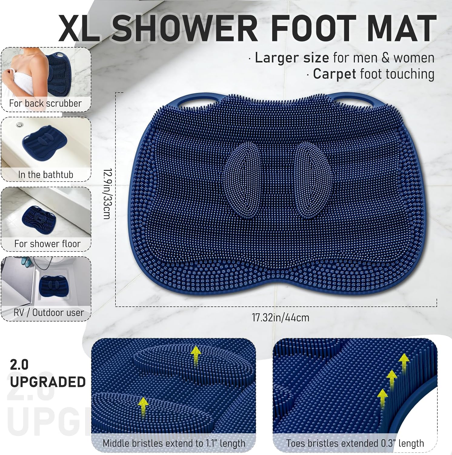 Shower Foot Scrubber Mat Large 2.0- Silicone Feet Toes Massage Exfoliate Cleaner Pad Long Brush Without Bending Non-Slip Suction Cups in Shower Floor Bathtub Foot Relax Spa 17.4 * 13" Navy Blue