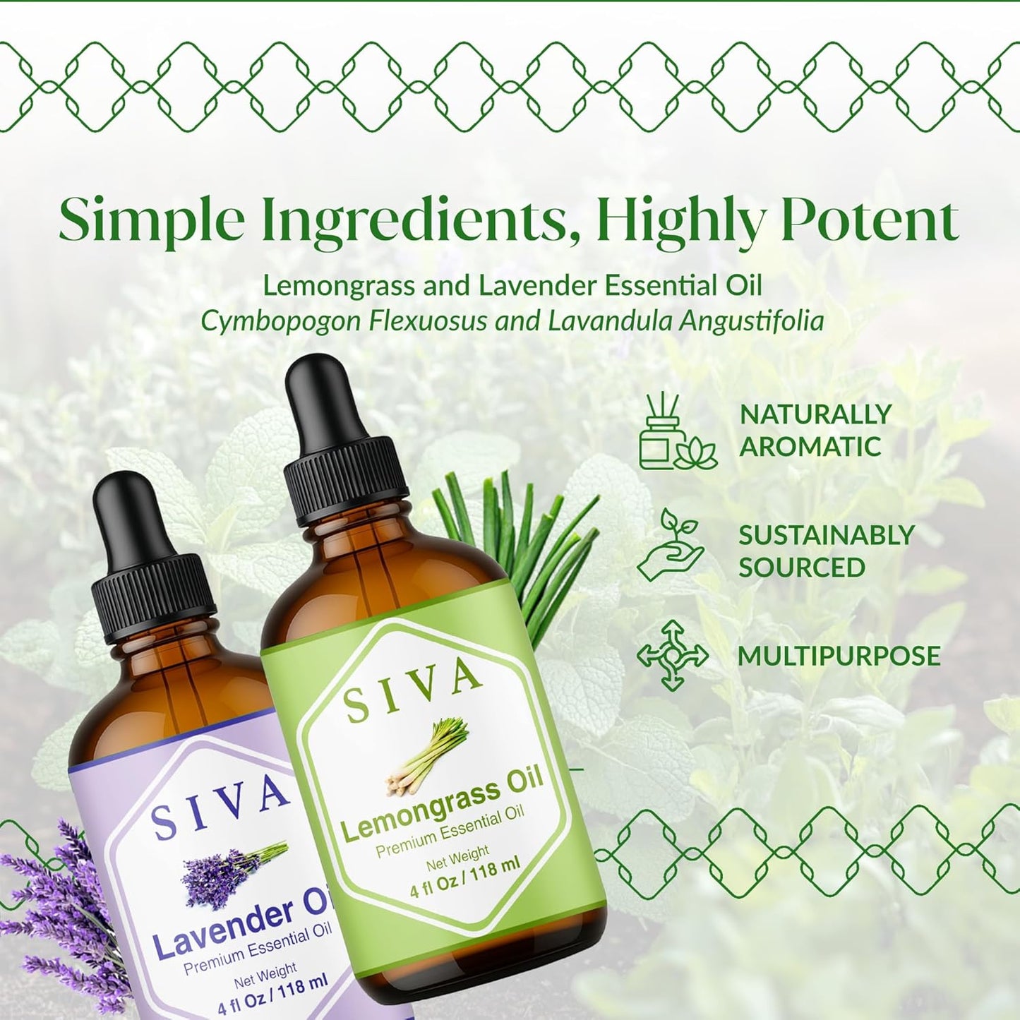 Siva Lemongrass and Lavender Essential Oil 4oz Bundle Super Saver Combo – Premium Grade Value Set for Aromatherapy, Skincare and Haircare