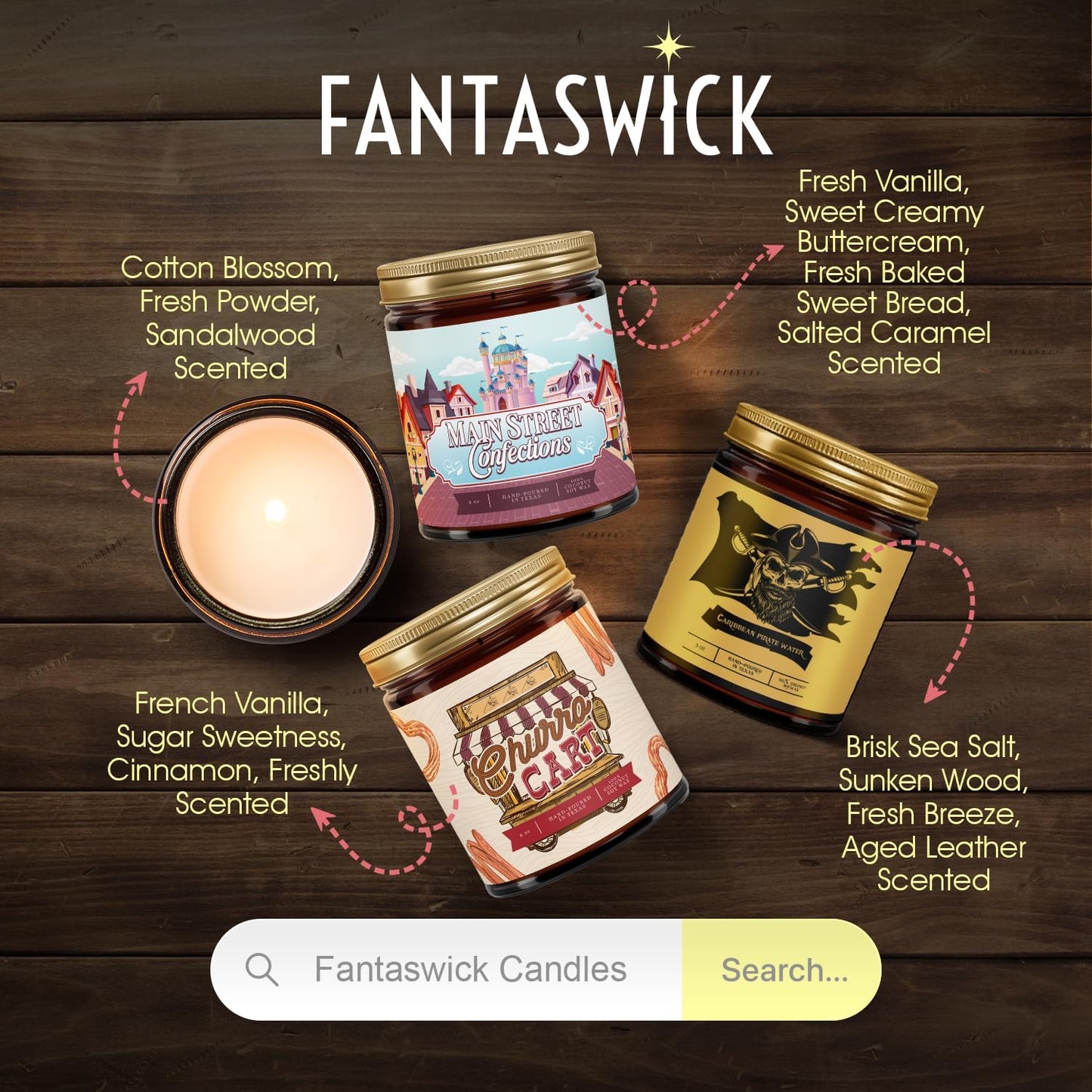Fantaswick's Churro Cart Scented Candle | 100% Natural Coconut Soy Wax & Cotton Wick in Amber Candle Jar | Hand-Poured in Texas | 9oz
