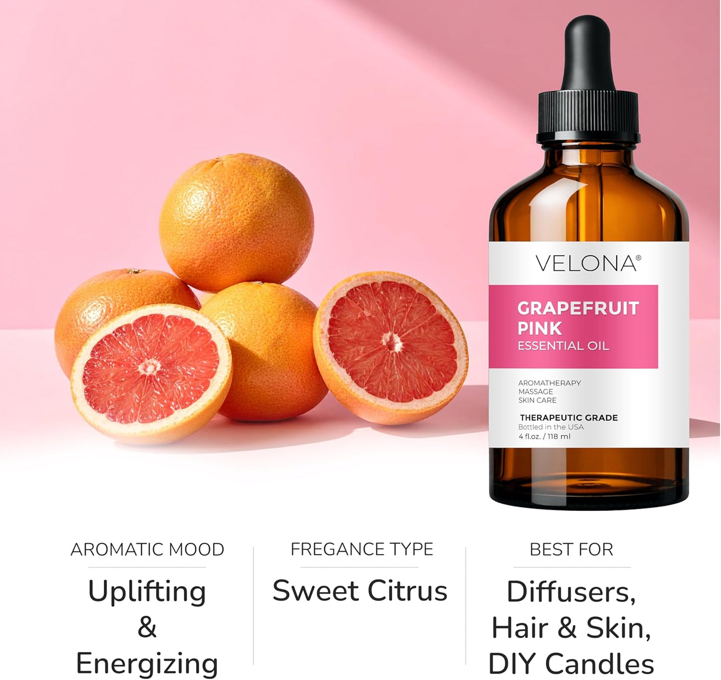 Grapefruit Pink Essential Oil by Velona - 4 Fl Oz | Therapeutic Grade | for Aromatherapy Diffuser, Massage, Skincare, Haircare, Soapmaking | Undiluted in Glass Bottle