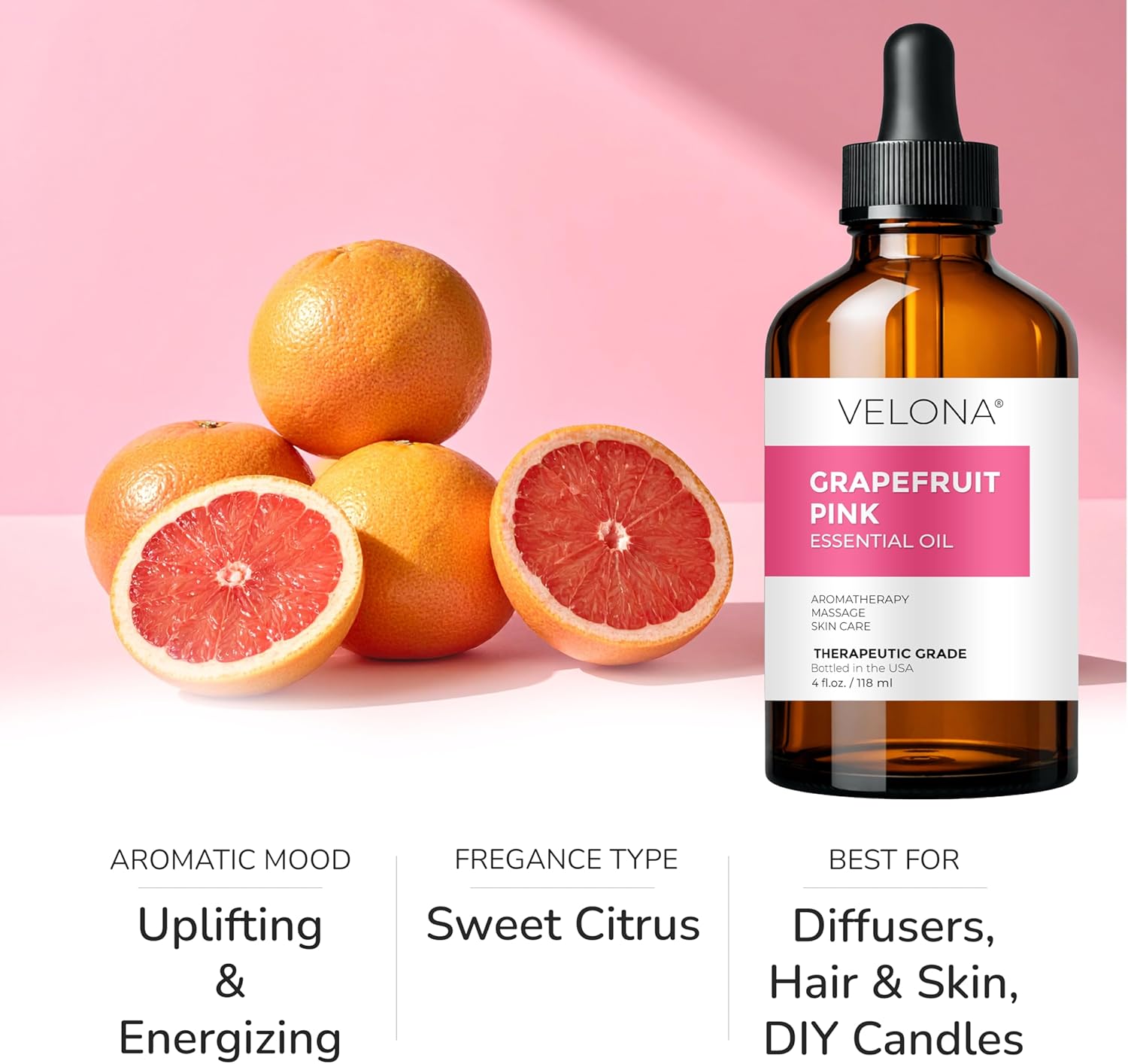 Grapefruit Pink Essential Oil by Velona - 4 Fl Oz | Therapeutic Grade | for Aromatherapy Diffuser, Massage, Skincare, Haircare, Soapmaking | Undiluted in Glass Bottle