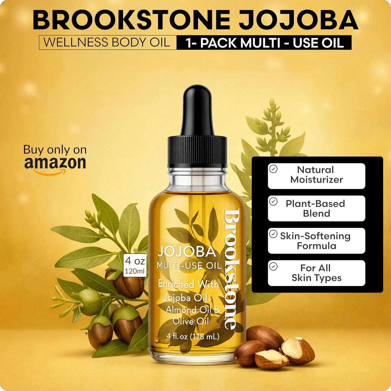 Brookstone Jojoba Multi-Use Essential Oil - Enriched with Jojoba, Almond & Olive Oil - Body, Hair & Skincare Oil