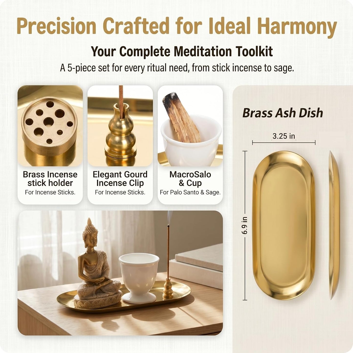 TOPZEA 6 in 1 Brass Incense Burner Holder, Palo Santo & Sage Sticks Holder, Ash Catcher Tray with Buddha Statue for Coil Incense, Incense Cone & Stick, Meditation Accessories, Yoga Room Decor