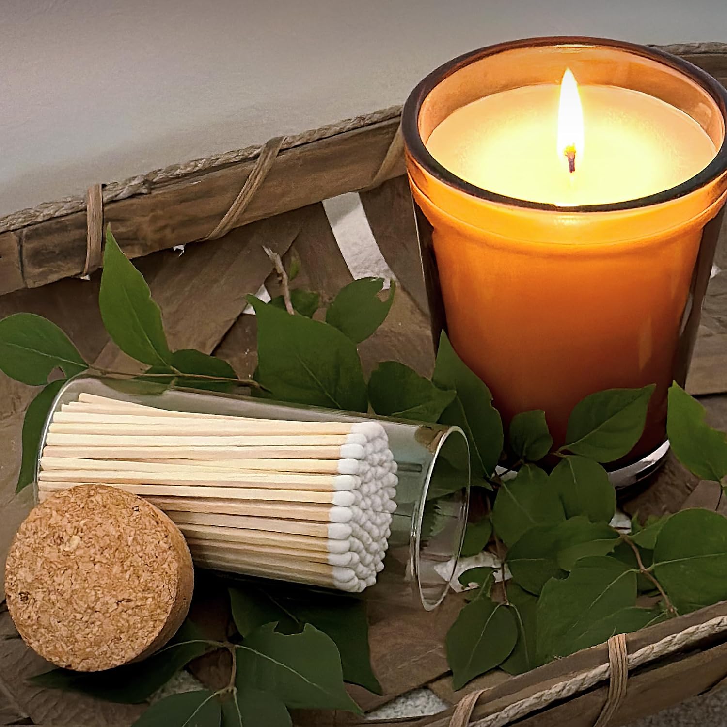 Thankful Greetings Decorative Matches in a Glass Jar | 4" Ever Green Long Matches (100 match sticks) + Cork Top Glass Holder + Striker Stickers | Gifts, Décor, & Candle Accessories, USA