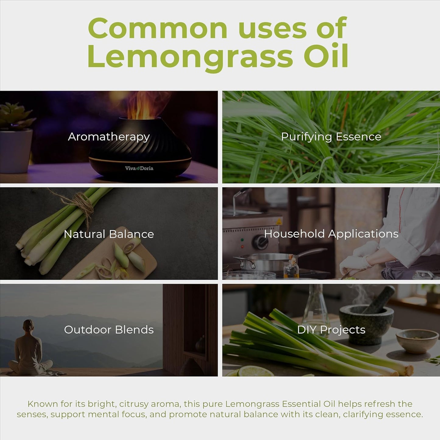 Viva Doria Lemongrass Essential Oil, 100% Pure, Natural Lemongrass Essential Oil, Undiluted, for Aromatherapy | Food Grade, 30 mL (1 Fluid Ounce)