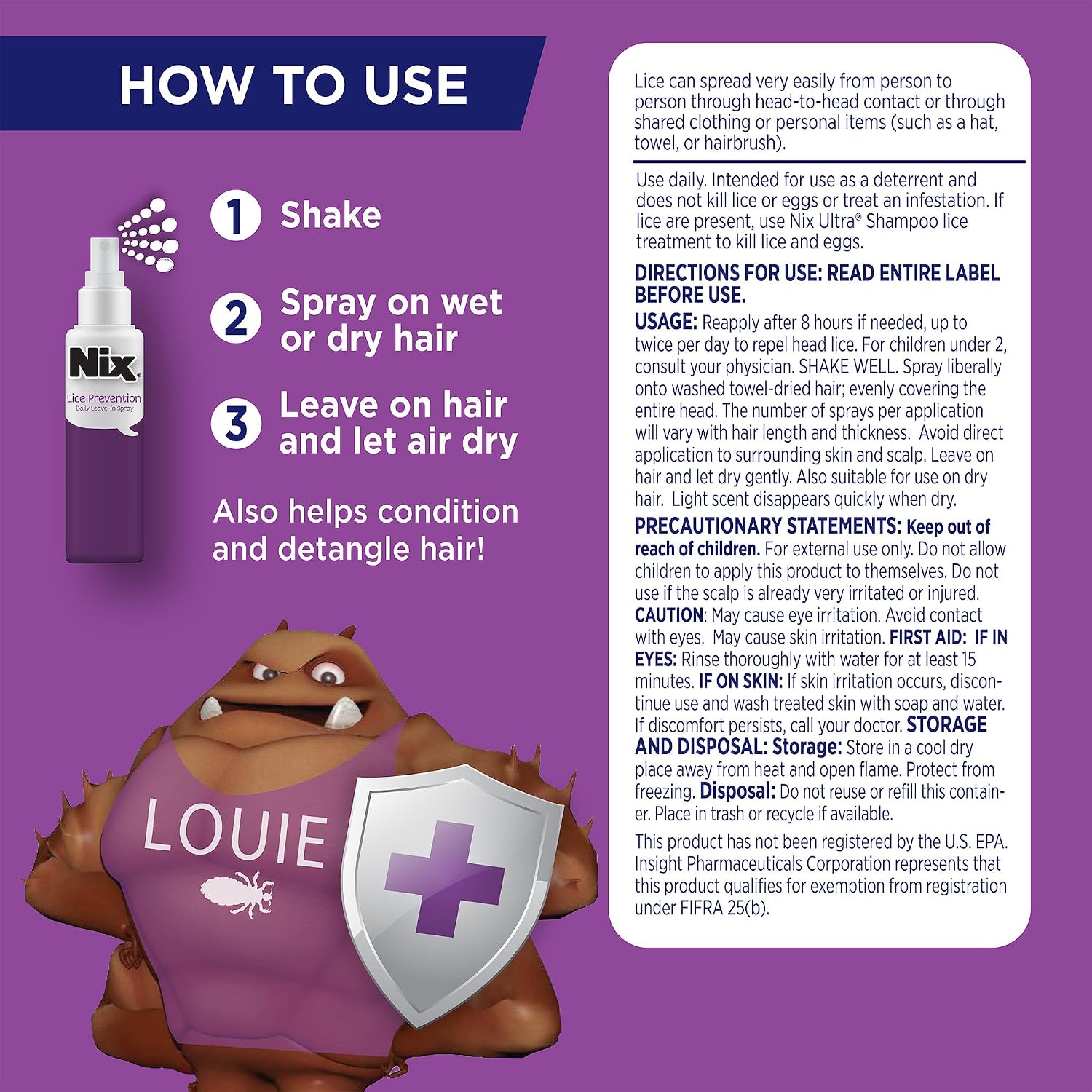 Nix Lice Prevention Daily Leave-In Spray for Kids, Long-Lasting Protection, Repels Superlice, 6 Fl Oz