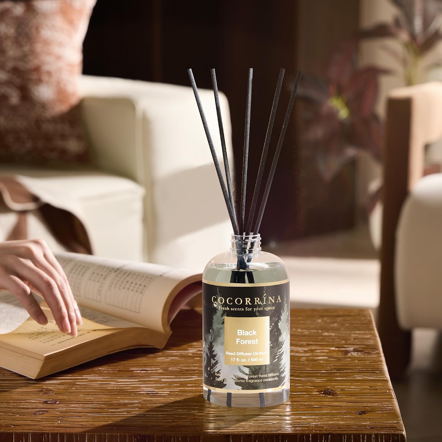 Cocorrína Reed Diffuser Refill Black Forest 17oz (500ml) with 8 Sticks - Premium Long-Lasting Essential Oil, Home Fragrance for Bedroom, Bathroom Home Decor
