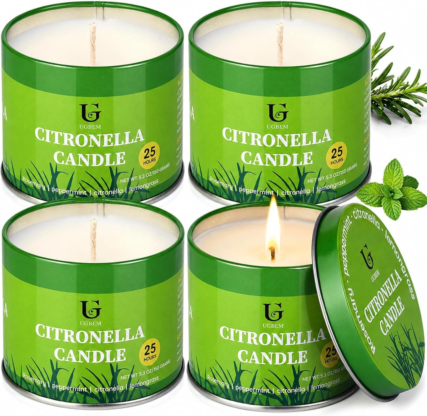 Citronella Candles Outdoor, Natural Soy Wax Outdoor Candles for Patio Backyard Garden Camping, Citronella Essential Oil Blend with Rosemary Peppermint & Lemongrass, 25 Hour Burn Time, 4Pack5.3oz