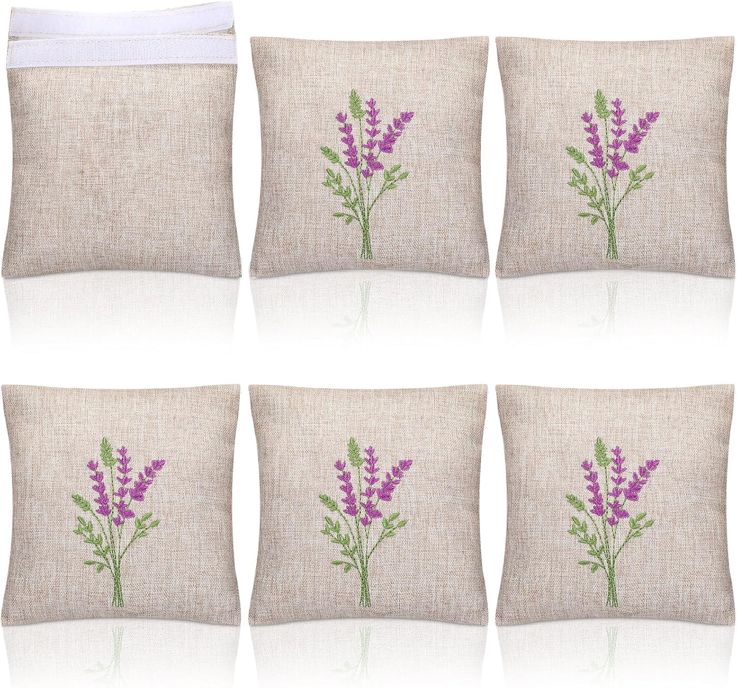 SATINIOR 6 Pack 6x6 Inch Embroidered Lavender Sachet Bags Sachet Empty Bags with Hook and Loop Fasteners Cotton Linen Pouch for Filling Spice Jewelry for Wedding