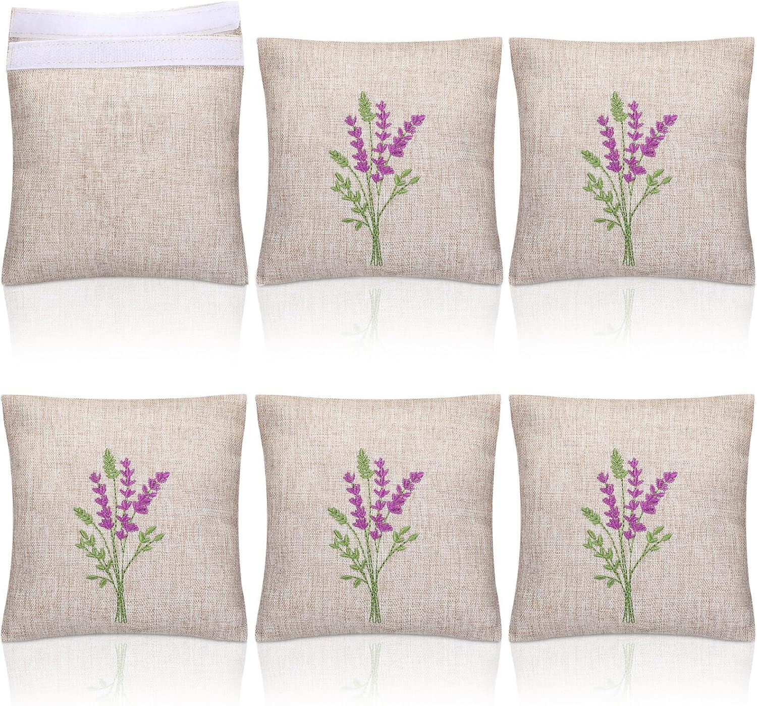 SATINIOR 6 Pack 6x6 Inch Embroidered Lavender Sachet Bags Sachet Empty Bags with Hook and Loop Fasteners Cotton Linen Pouch for Filling Spice Jewelry for Wedding