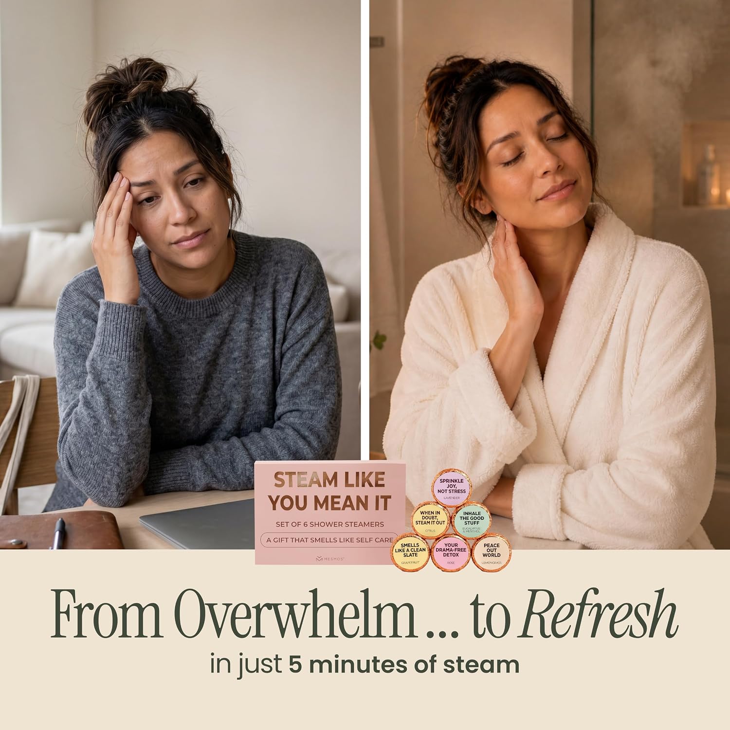 MESMOS Shower Steamers Aromatherapy 6pack Gift Set, Self Care Gifts for Women, Essential Oil Shower Bombs, Spa Stress Relief Birthday Kit. Lavender Eucalyptus Menthol Rose Citrus Grapefruit Lemongrass