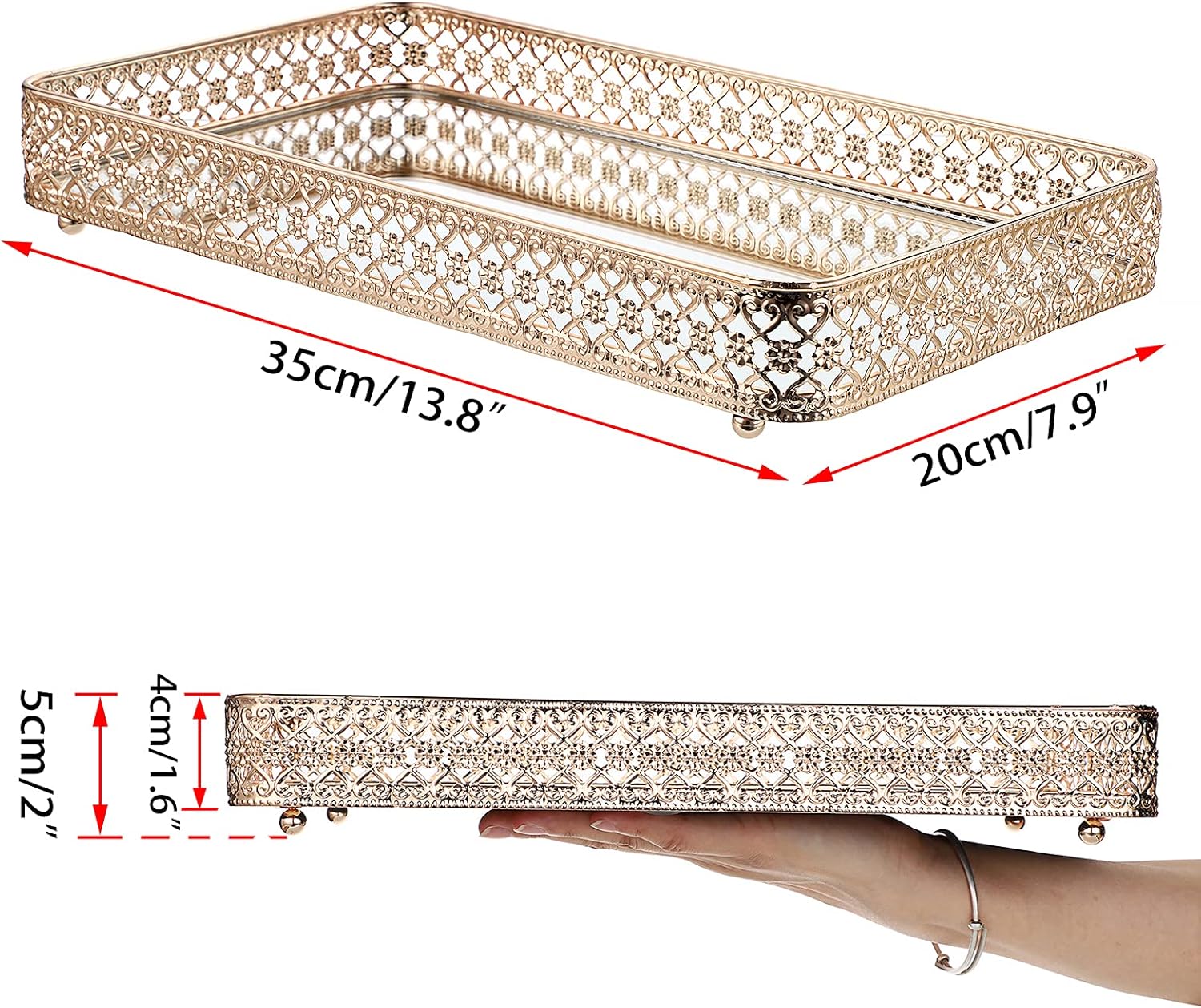 ELLDOO Gold Perfume & Makeup Vanity Tray - Hollow-Carved Jewelry Storage, Glass & Metal Trinket Organizer for Dresser & Bathroom Countertop, Large Size
