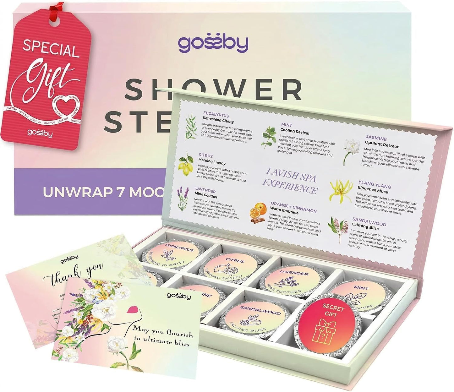 GOSSBY Shower Steamers Aromatherapy (8 Pcs) - Stress Relief Gift for Women Teen - Birthday, Thank You Gift for Coworker, Teachers Appreciation, Natural Essential Oils, Self Care Relaxation Home Spa