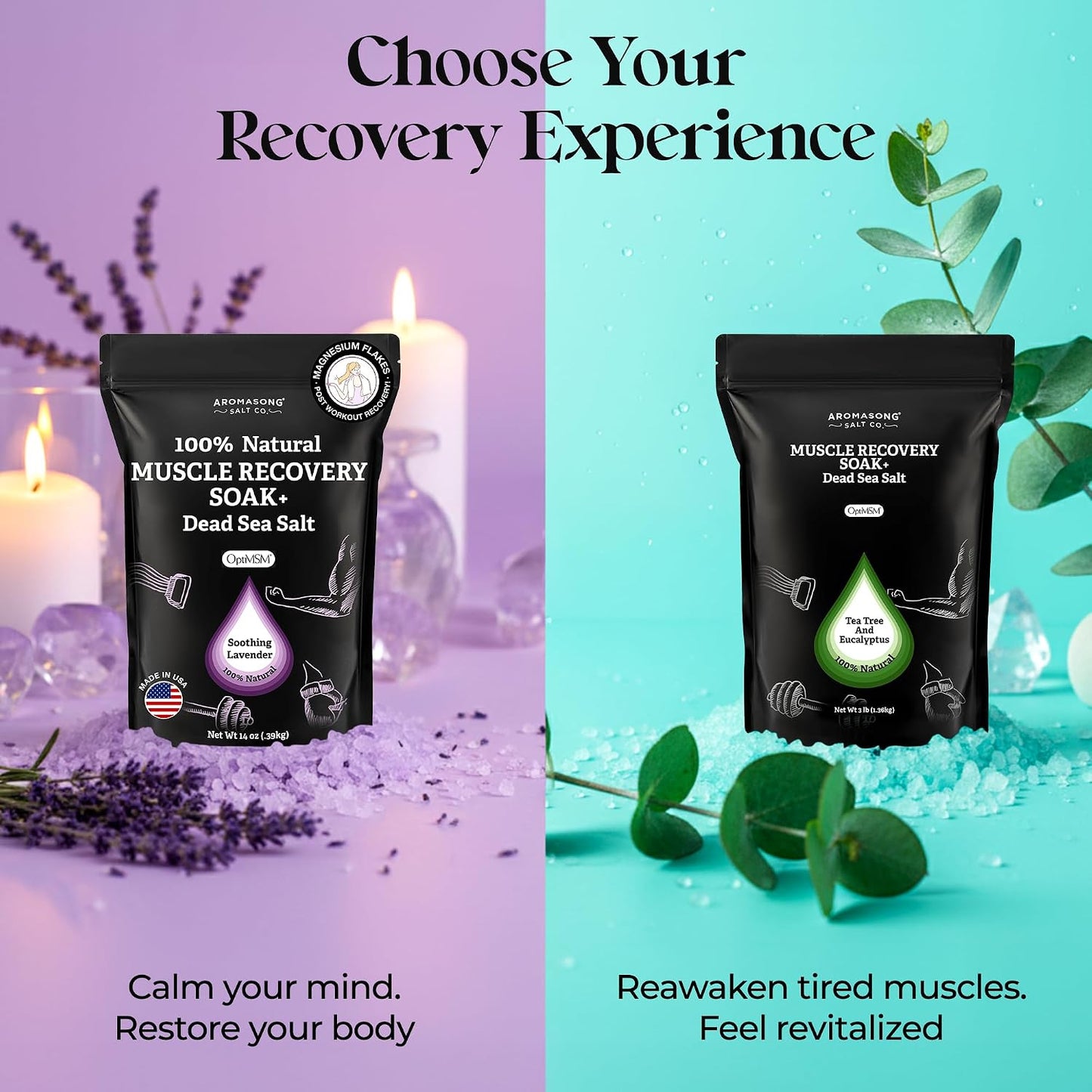 Aromasong Muscle Recovery Bath Soak with Dead Sea Salt, OptiMSM, Magnesium Flakes & Essential Oils for Post Workout Soreness - Made in USA - 14 oz. Bag Bath Salt for Pain Relief.
