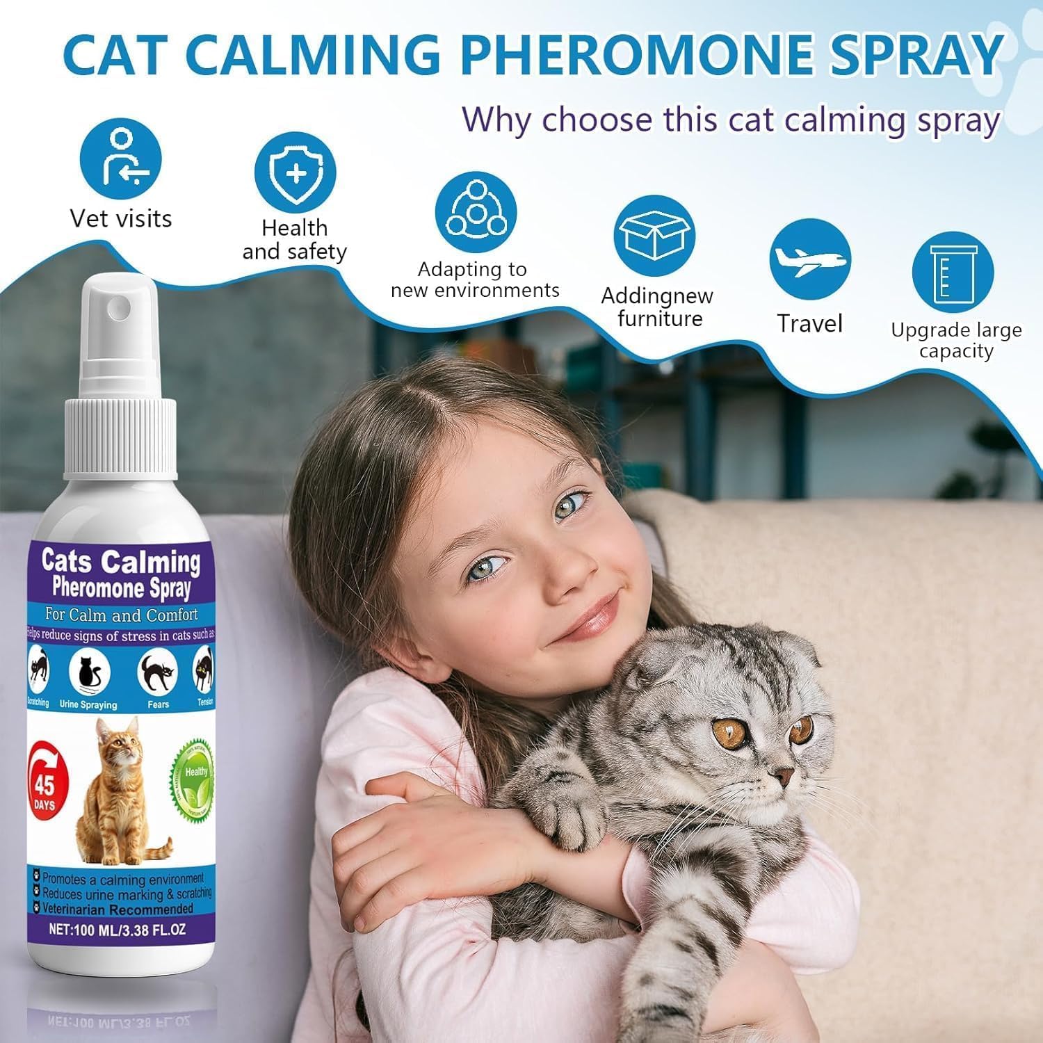 Cat Calming Pheromone Spray for Stress & Anxiety Relief – Reduces Scratching, Urine Spraying, Hiding – Drug-Free & Vet Recommended – Feline Calm Spray with F3 Facial Pheromone 2 * 100mL 8.9oz