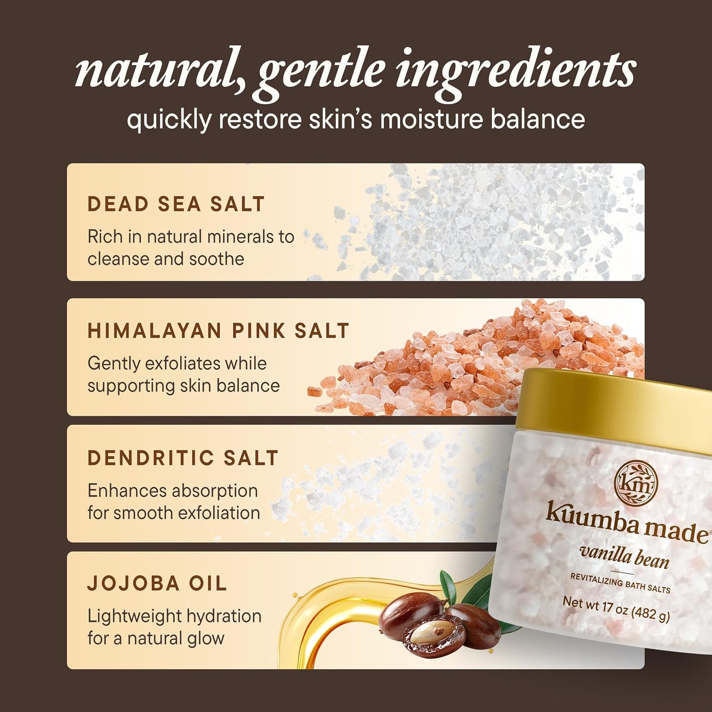 Kuumba Made Vanilla Bean Bath Salt, Mineral-Rich Soaking Salts for Soft Skin and Relaxation, 17 Oz