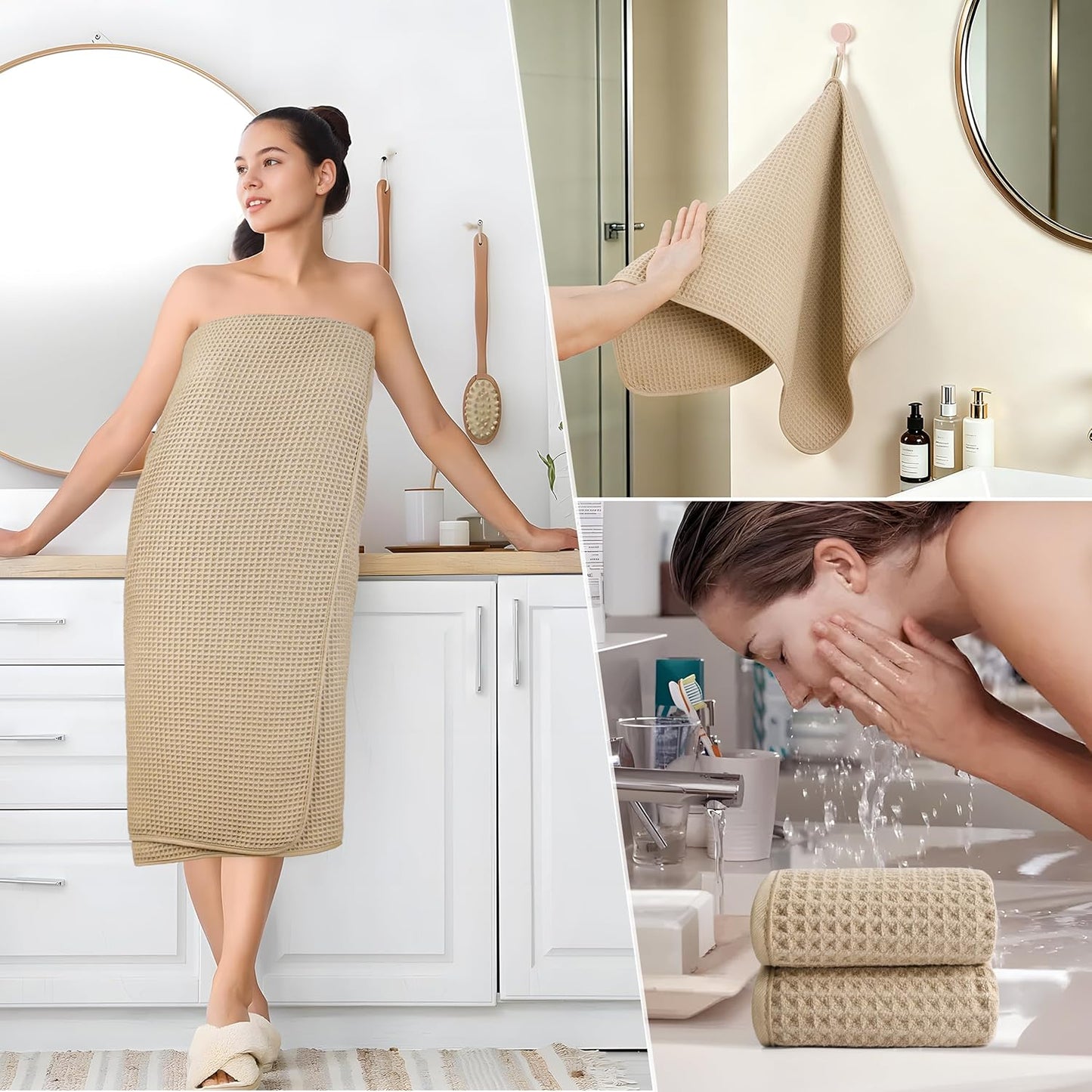 POLYTE 430 GSM Microfiber Quick Dry Lint Free Oversize Bath Towel Set, 6 Piece (Waffle Weave)
