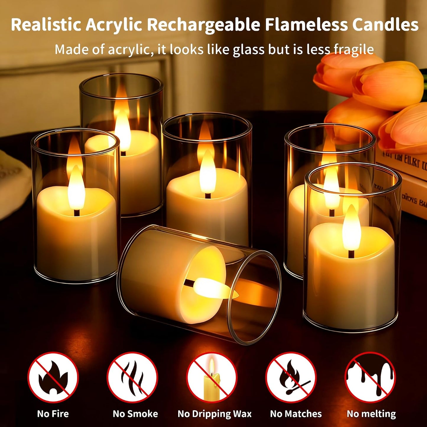 Rechargeable Flameless Candles with Timer Remote, 1.7"x2.6" Clear Acrylic LED Tea Lights Candles，Small Votive Electric LED Candles for Home Aniversary Wedding Holiday Decor Gray(6 Pack)