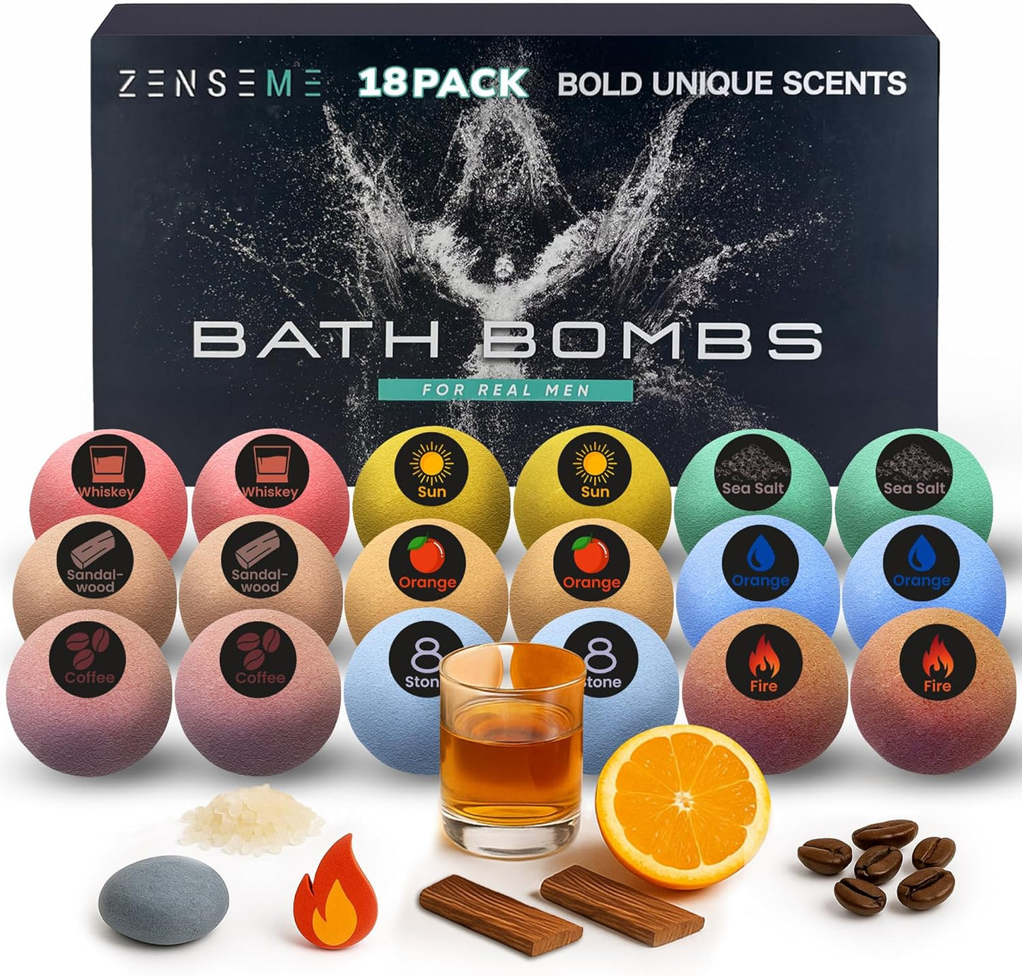 Bath Bombs for Men - Gift Set of 18 Strong Scented Handmade Natural Bath Bombs of 2.5 oz w/Essential Oils Scents, for Boyfriend, Husband, Father - 18 Pack