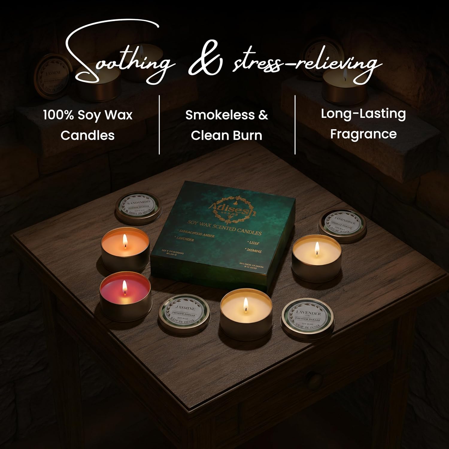 Metal Tin Soy Wax Scented Candles Gift Set - 4 Aromatic Flavors (Sandalwood Amber, Lavender, Lily, Jasmine) | Scented Candles for Home Decoration, Burn Time 14-15 Hrs Each