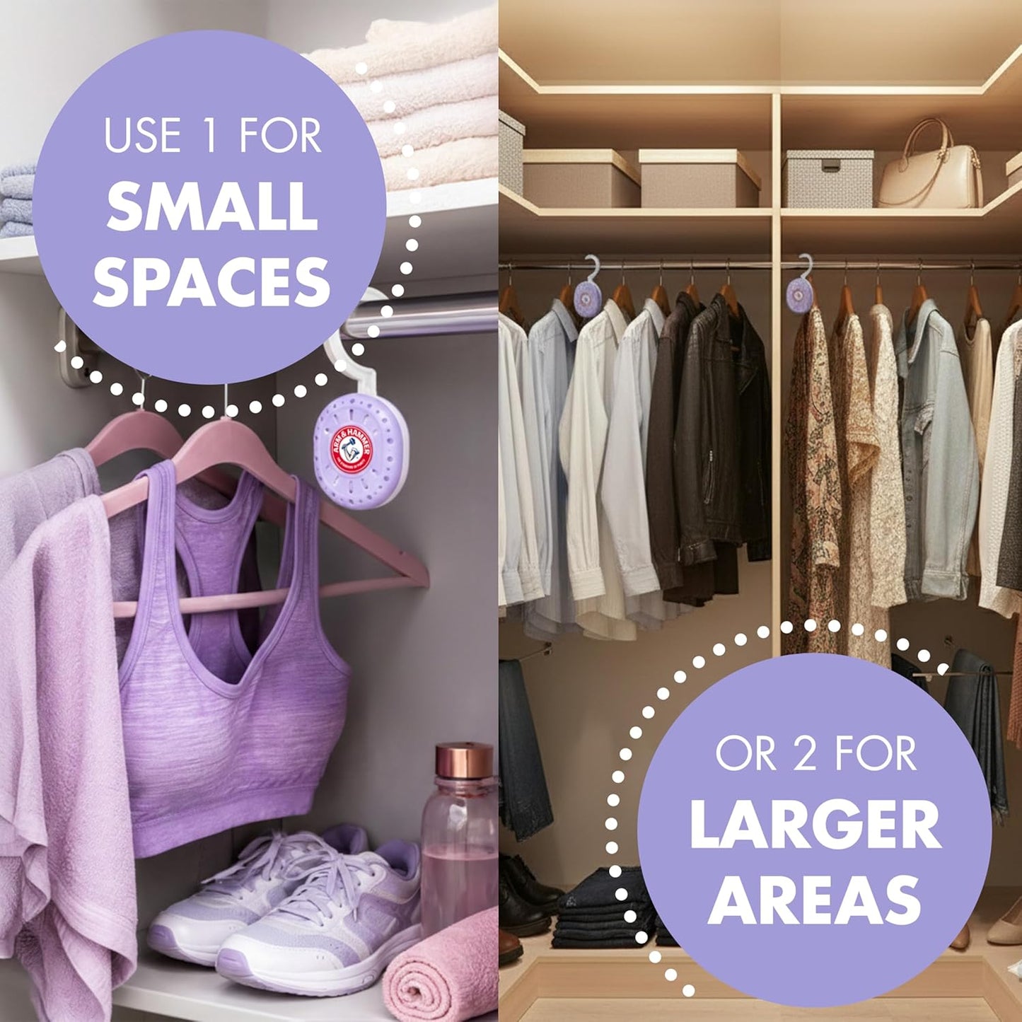 Arm & Hammer OdorBusterz ClosetMATE™, Lavender, 4 Count – Hanging Odor Absorber with Baking Soda, 360° Rotating Hook for Closets, Lockers & Storage Areas