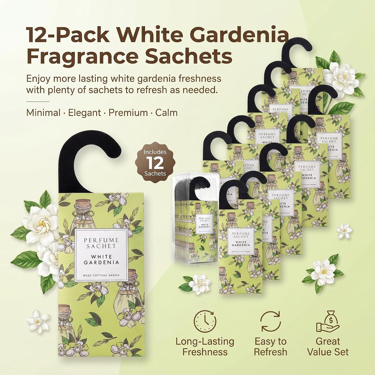 ROSE COTTAGE Large 12 Packs White Gardenia Hanging Closet Deodorizer Air Freshener Long Lasting Scented Sachets Smell Goods for House