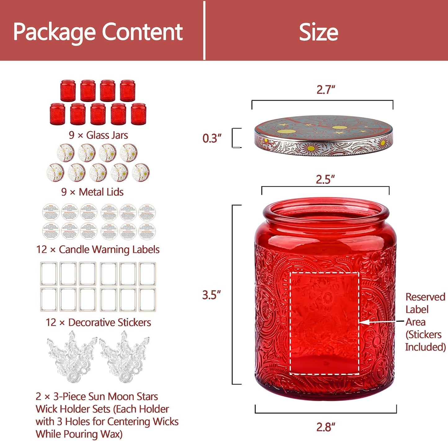 8 oz Red Sun Moon Stars Candle Jars with Metal Lids, 9 Pack | Patented Embossed Design, Includes Wick Centering Devices & Warning Labels, Multiple Color Options