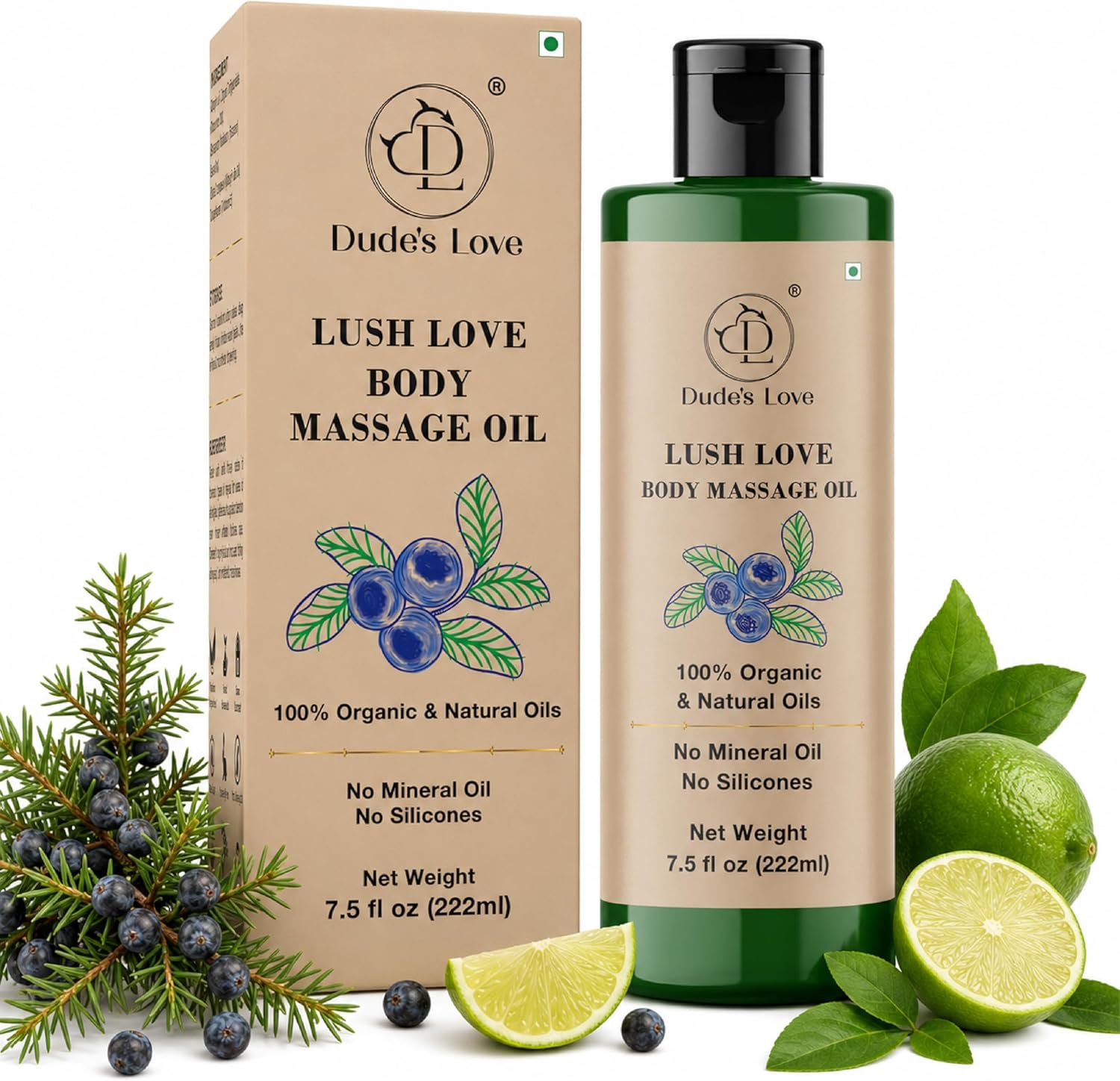 Lush Love Massage Oil | Lime & Juniper Berry Essential Oils | 100% Natural & Organic | No Mineral Oil, No Silicones | Non-Greasy Body Oil | Massage, MOISTURISE, Recover | 7.5 fl oz (222ml)
