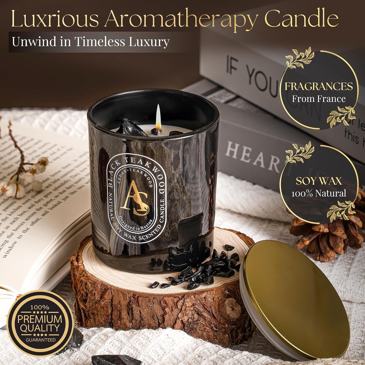 Scented Candle for Men with Luxurious Obsidian Bracelet, Teakwood for Home Scented, Hand-Poured Natural Soy Wax, Stress Relief Masculine Gift for Men, Dad, Boyrfriend, Powerful Manifestation Crystals