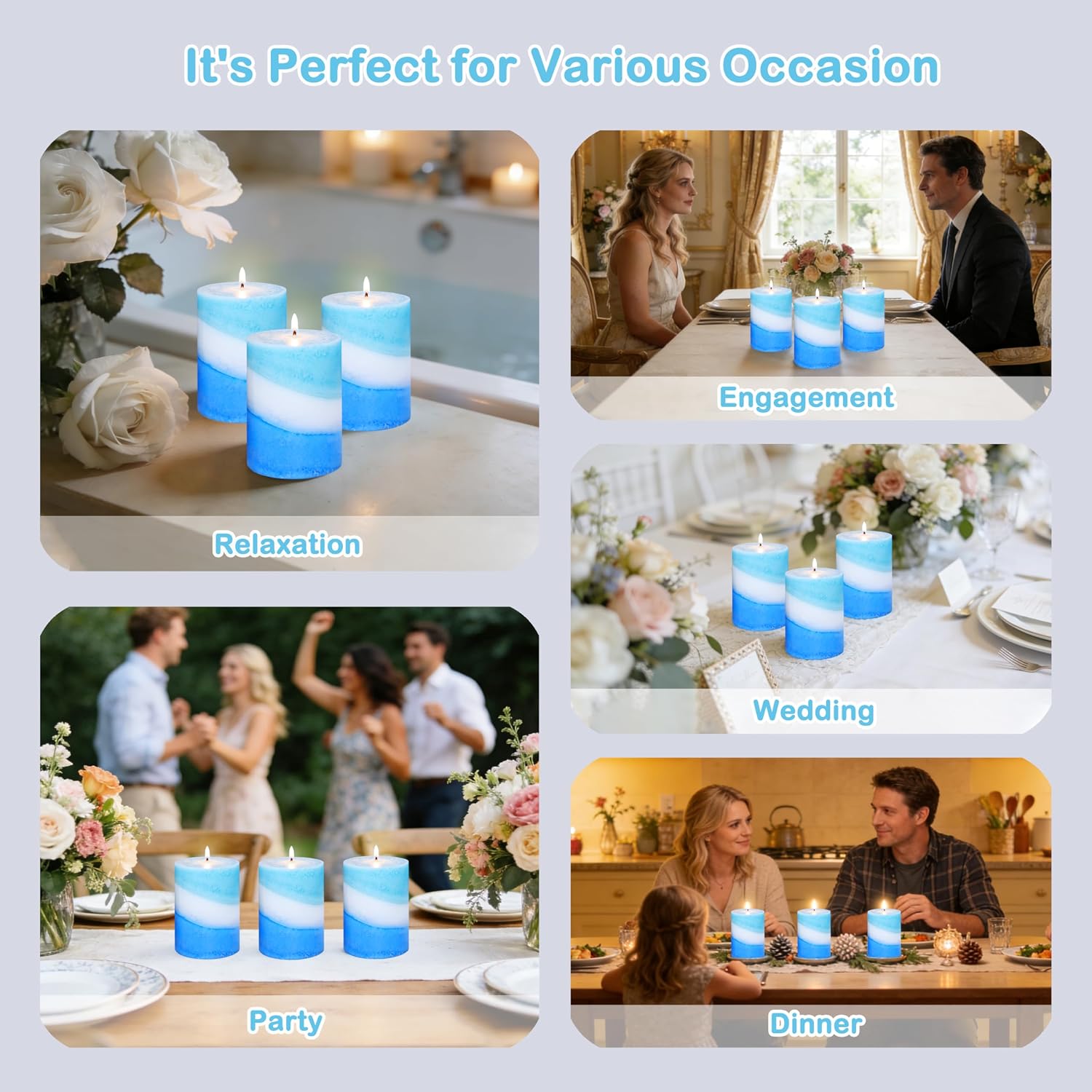 Ocean Scented Pillar Candles, 3x4 Inch, Handmade Striped Paraffin Wax Candles with 100% Cotton Core, 1PC Scented Candle 50+ Hour Burn Time, Set of 3