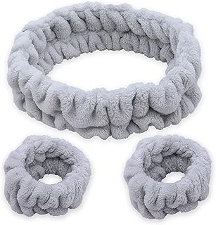 FROG SAC Spa Headband and Wristbands for Face Washing, Fuzzy Skincare Make Up Headbands Set for Women, Soft Puffy Makeup Skin Care Facewashing Hair Band Accessories for Girls (Gray)