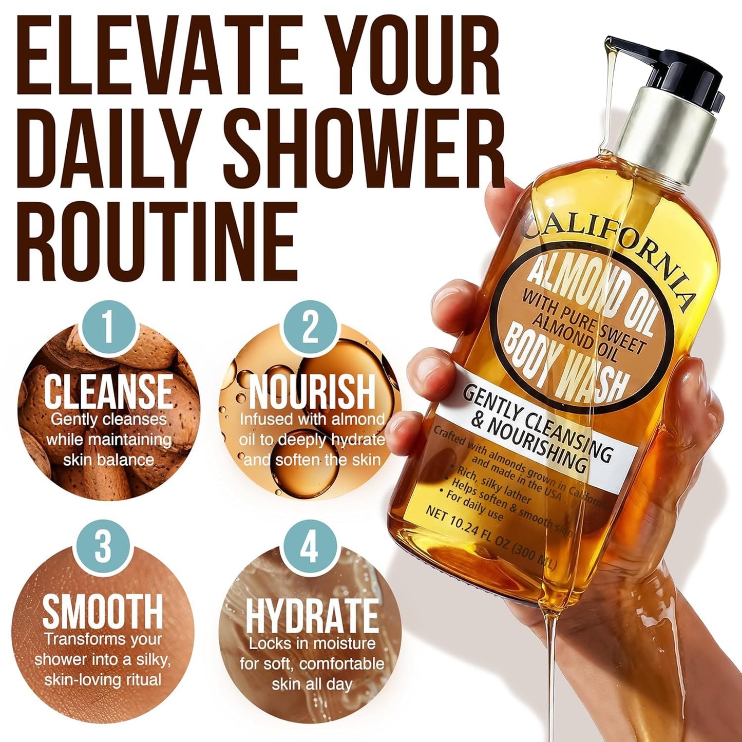 Shower Oil with Pure Sweet Almond Oil | Cleansing Oil Body Wash for Daily Use | Hydrating Body Wash for Dry and Sensitive Skin | Almond Soap for Softer Skin for Your Whole Family | 16.9 Fl Oz