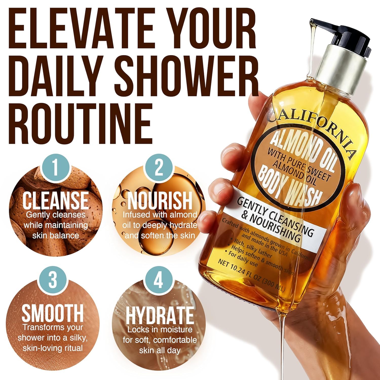 Shower Oil with Pure Sweet Almond Oil | Cleansing Oil Body Wash for Daily Use | Hydrating Body Wash for Dry and Sensitive Skin | Almond Soap for Softer Skin for Your Whole Family | 16.9 Fl Oz