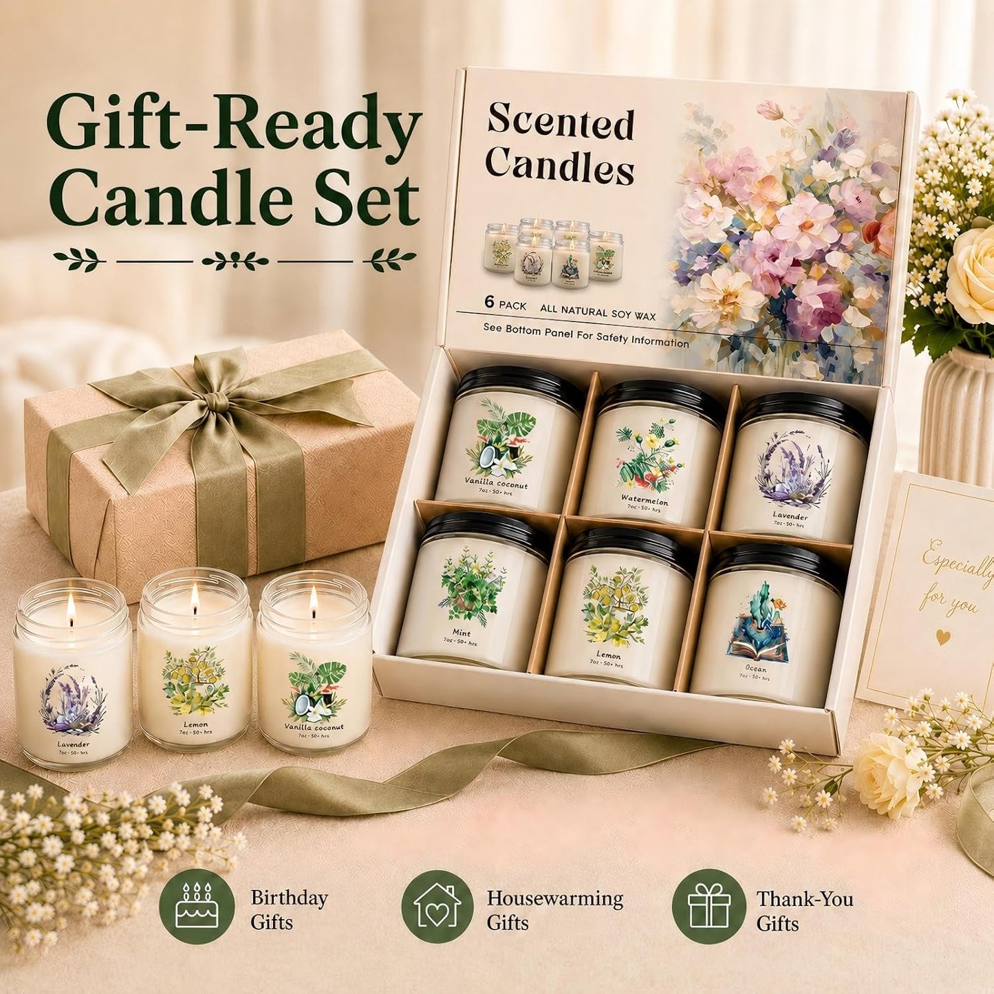 6 Pack Scented Candles Gift Set for Women, Soy Wax Jar Candles for Home, 37.8 oz Total Up to 300 Hours Burn Time, Fresh Scents - Lavender Lemon Mint Ocean Watermelon Vanilla Coconut
