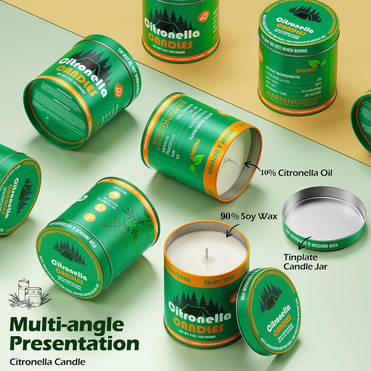 4 Pack Citronella Candles, 9oz Natural Soy Wax Scented Candles for Outdoor, Patio, Camping, and Garden, Long Lasting Portable Candles in Tin Container, Summer Party Ambiance
