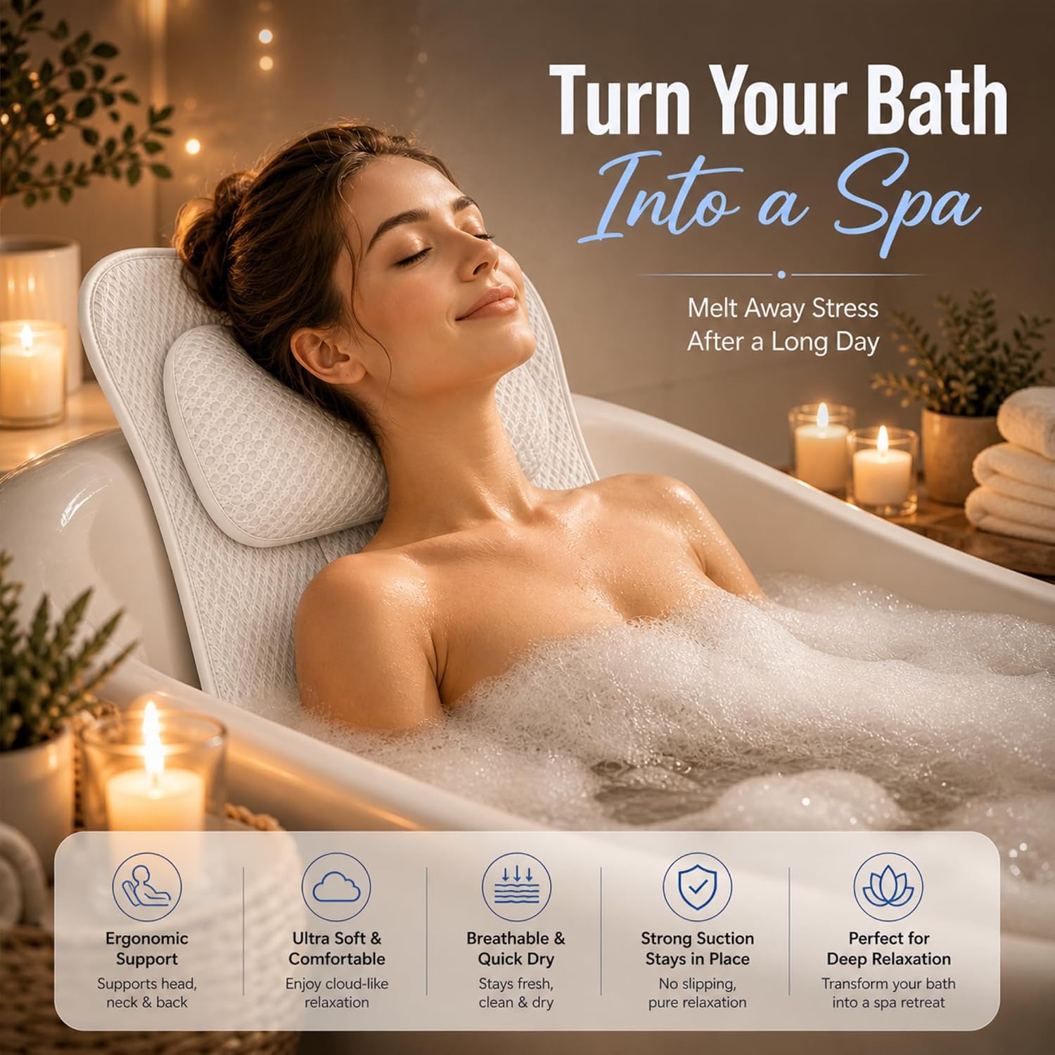 Bath Tub Pillow, Extra Thick Luxury Cushion with Strong Suction Cups for Head, Neck & Back Support, Breathable Spa Pillow for Relaxing Night Bath (White)