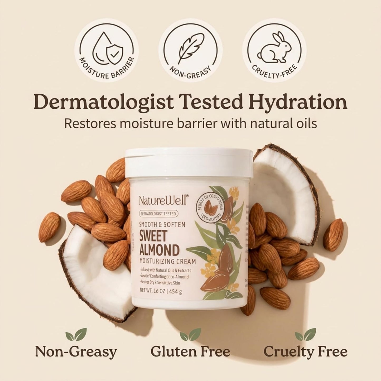 NATURE WELL Sweet Almond Body Cream, Moisturizing Cream for Dry & Sensitive Skin, Hydrating Body Moisturizer with Natural Oils & Extracts, Coco-Almond Scent, Dermatologist Tested, 16 Oz