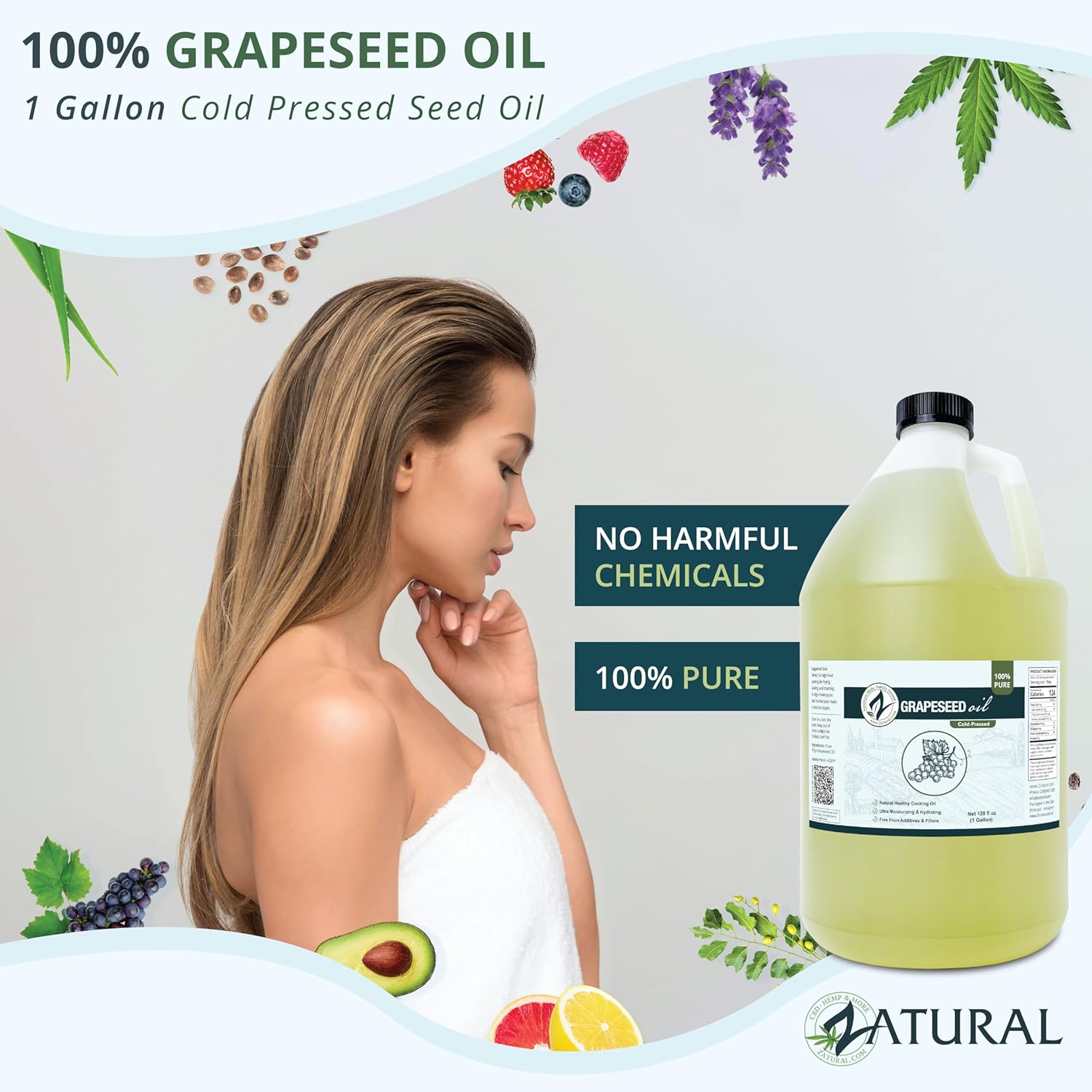 Zatural Grapeseed Oil Naturally Grown 100% Pure Cold Pressed Virgin High Tempurature Cooking Oil 128oz (1 Gallon)