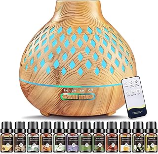 Aeshory Essential Oil Diffuser & 12 Essential Oils Set, 550ML Aromatherapy Diffuser for Home, Ultrasonic Cool Mist Humidifier with Remote Control 4 Timer 7 Color LED Light, Waterless Auto Off, Light
