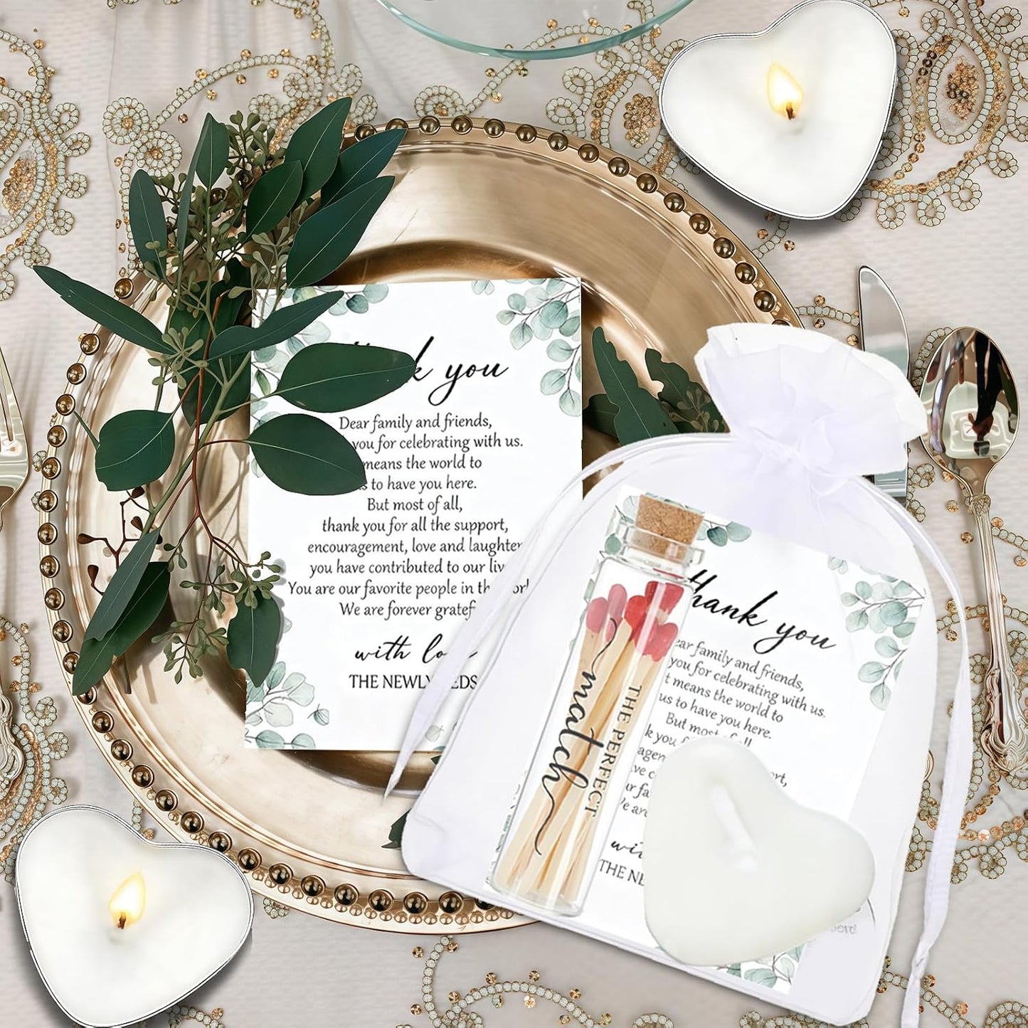 50 Set Wedding Party Favors for Guests Bulk, Mini Heart Shaped Candles Empty Matches Jars with Cork Top Thank You Cards and Organza Bags for Wedding Bridal Shower Guest Souvenir Gift
