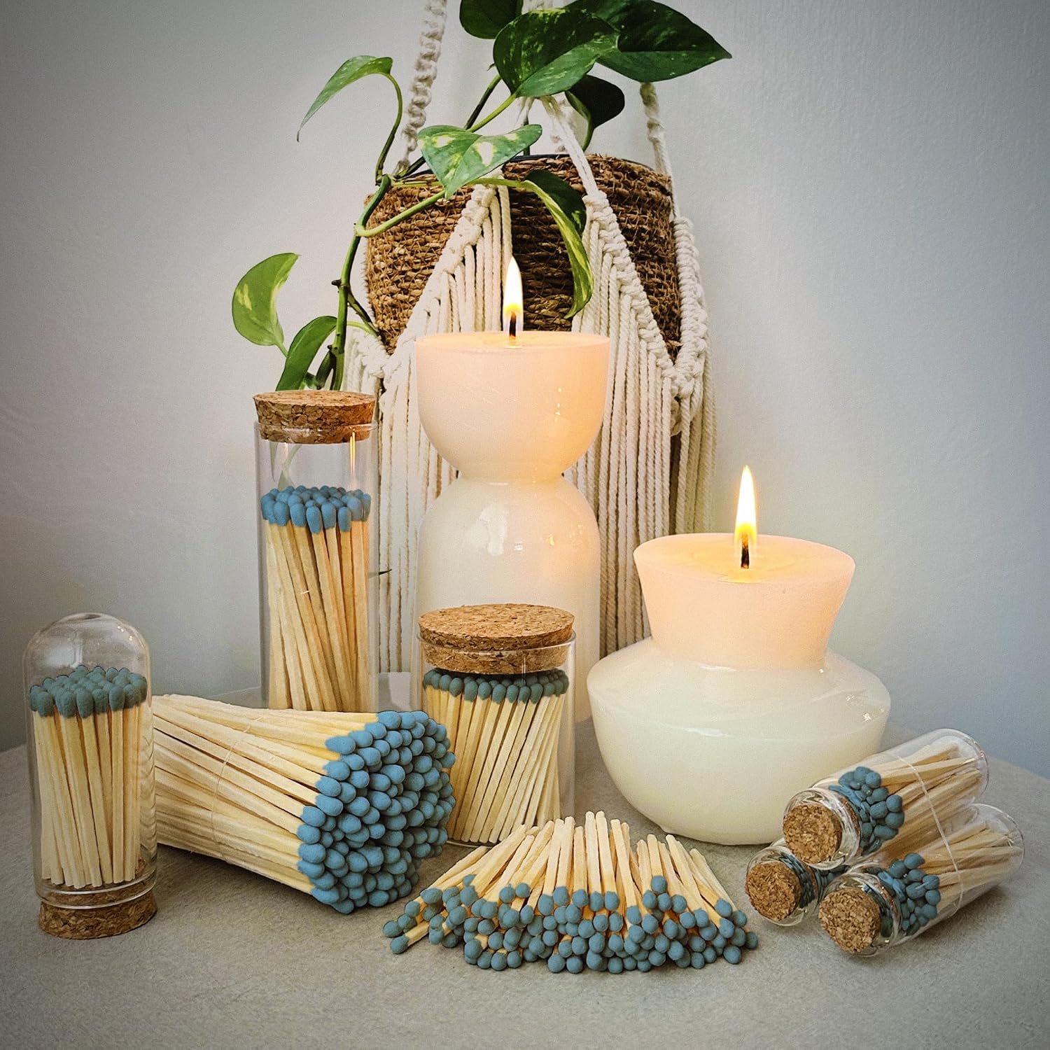 Thankful Greetings 4" Steel Blue Matches in a Jar + Striker Stickers Included | 100 Stylish & Modern Decorative Safety Matches with a Cork Top Glass Holder | Gifts, Home Decor, & Candle Accessories