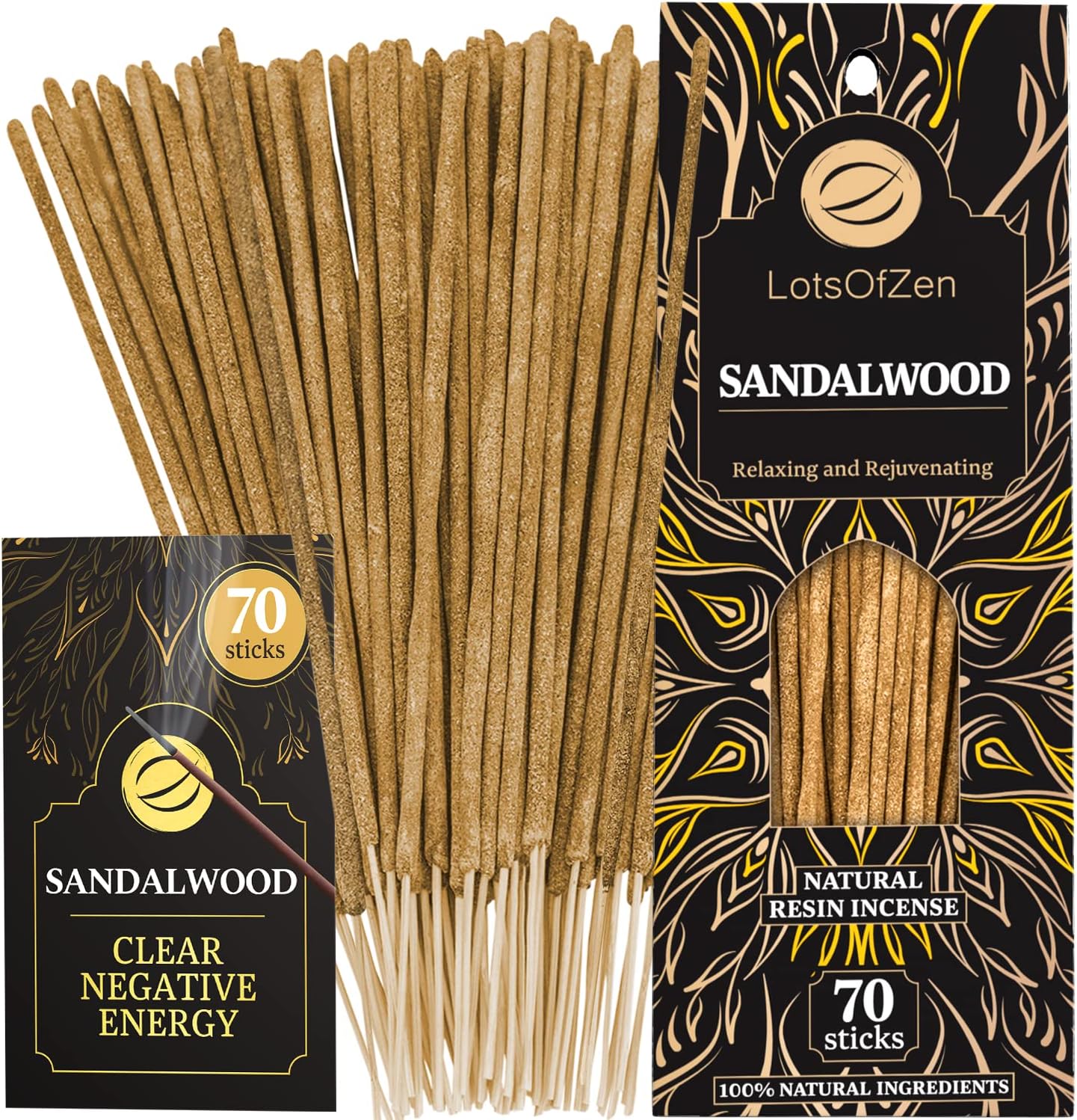 LOTS OF ZEN Sandalwood Incense Sticks (70 Pack) - Natural 7.8" Incense for Cleansing, Meditation & Spiritual Healing - Pure Sandal Wood Resin, Long-Lasting Burn Time