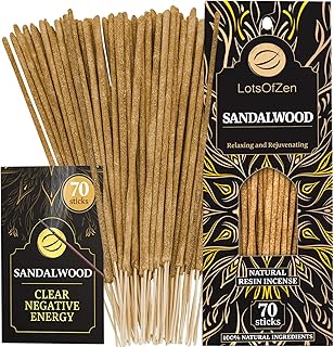 LOTS OF ZEN Sandalwood Incense Sticks (70 Pack) - Natural 7.8" Incense for Cleansing, Meditation & Spiritual Healing - Pure Sandal Wood Resin, Long-Lasting Burn Time