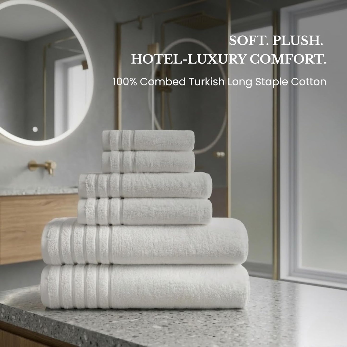 BW Luxe Home - 100% Soft Turkish Cotton 6 Piece White Towel Set (2 Bath, 2 Hand, 2 Wash). 600 GSM, Combed Natural Yarn for Fast Drying & Excellent Absorption. Hotel & Spa Luxury Quality.