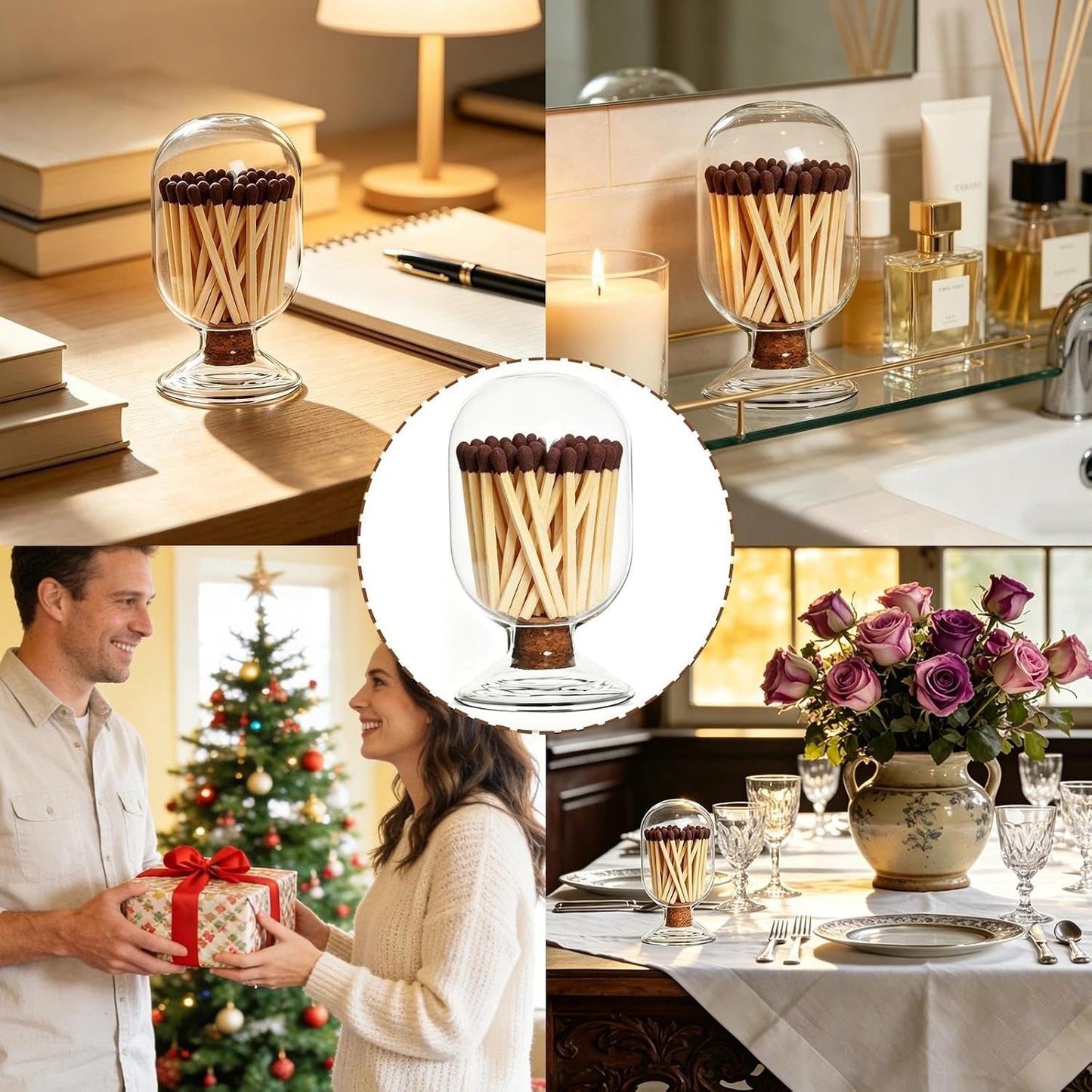 Glass Match Holder with Cork Lid, 2.87" x 5" Airtight Match Holder for Candles, Complete Matches Storage Jar for Fireplace, Decorative Coffee Table Decor, Housewarming Gift (Matches NOT Included)