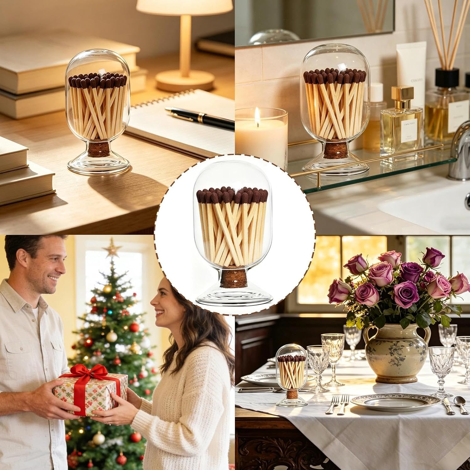 Glass Match Holder with Cork Lid, 2.87" x 5" Airtight Match Holder for Candles, Complete Matches Storage Jar for Fireplace, Decorative Coffee Table Decor, Housewarming Gift (Matches NOT Included)