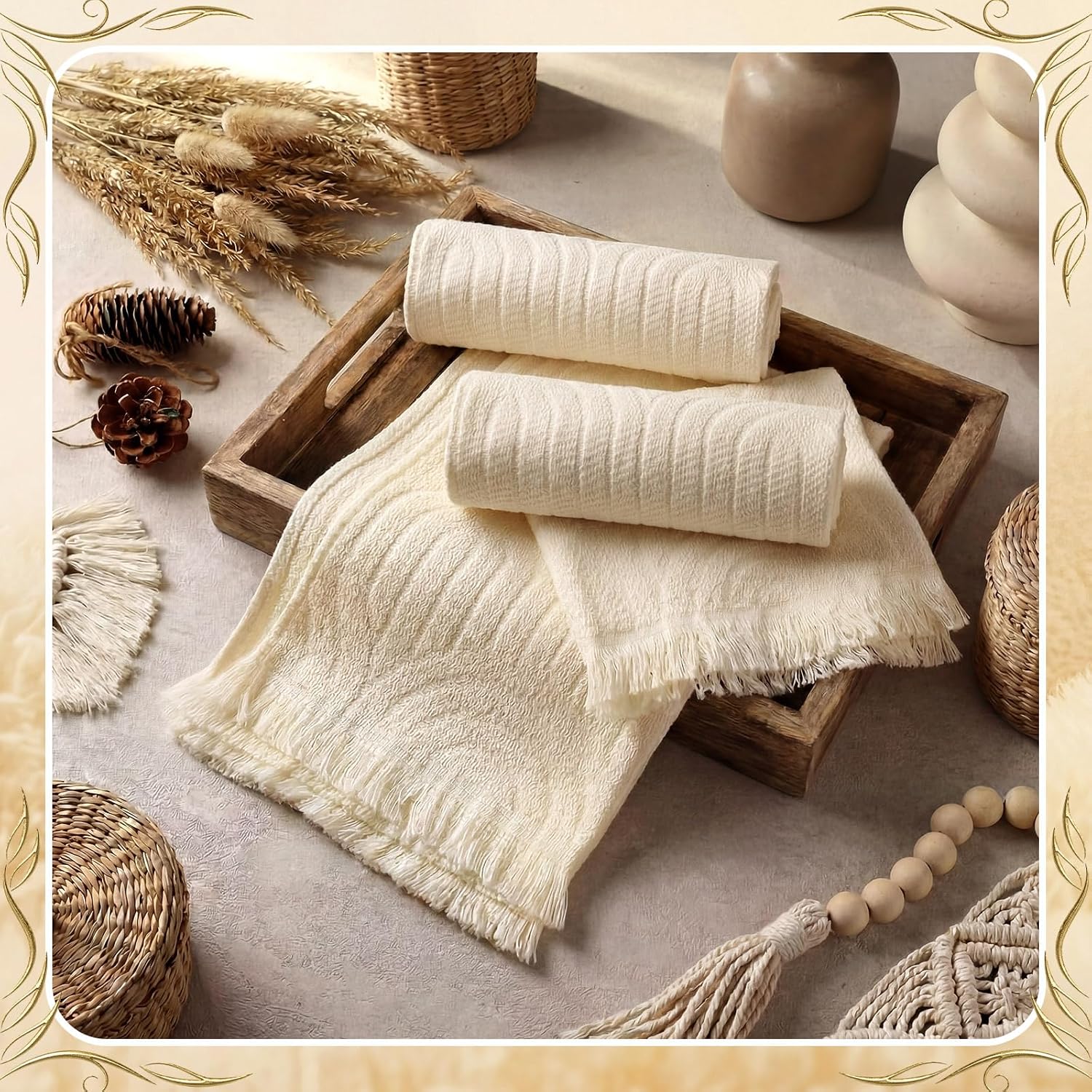 Tingjoo Decorative Hand Towels Bathroom 4 Pack Soft Boho Cotton Turkish Absorbent Face Towel Set for Boho Bathroom Decor Soft Kitchen Hotel Spa Farmhouse Guest Tea Gift(Beige)