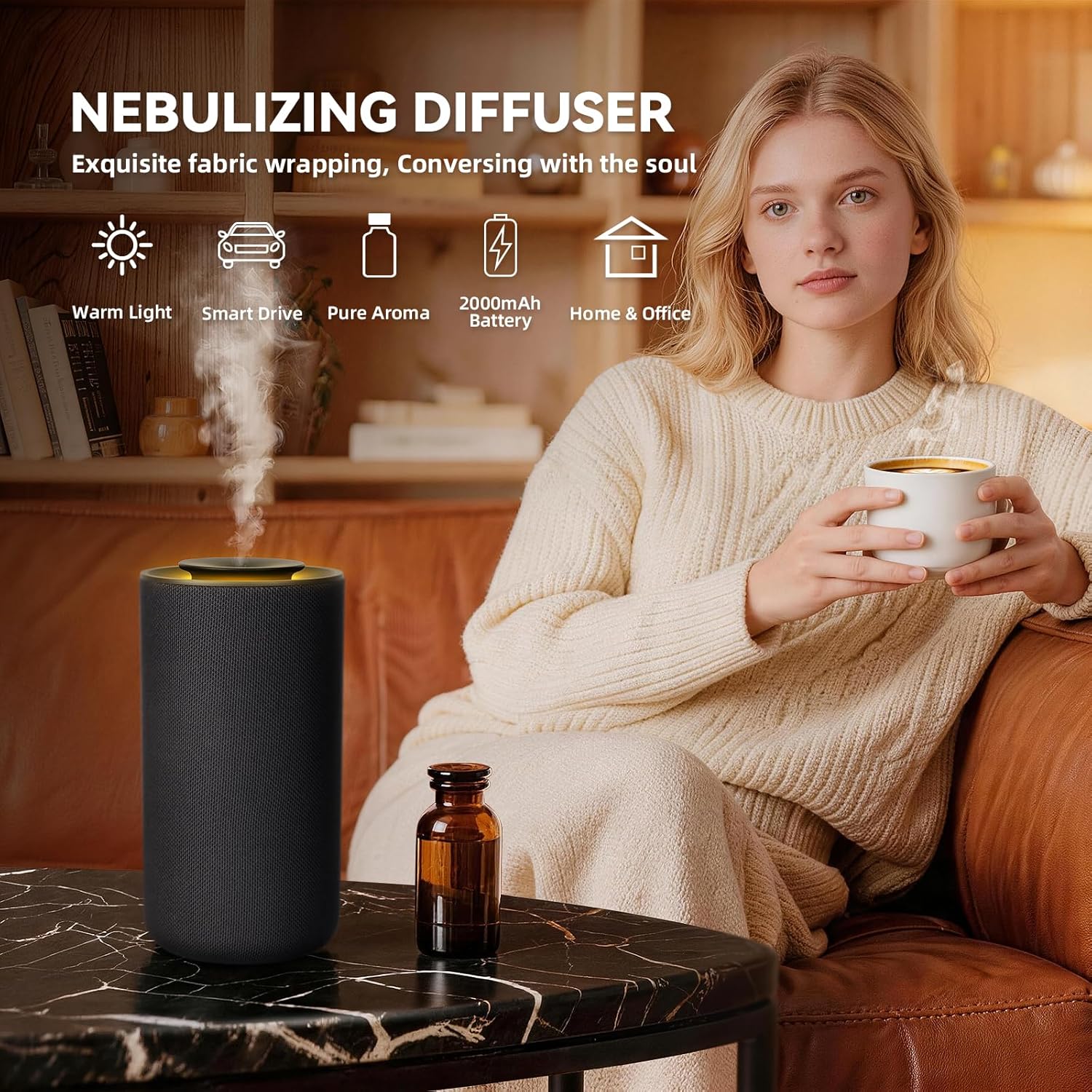 Waterless Essential Oil Diffuser for Home & Car,Fabric Covered with Ambient Light,2-in-1 Modes & Adjustable Mist Output,Cordless Portable Scent Machine with Auto Start-Stop,Fits 5/10/15ml